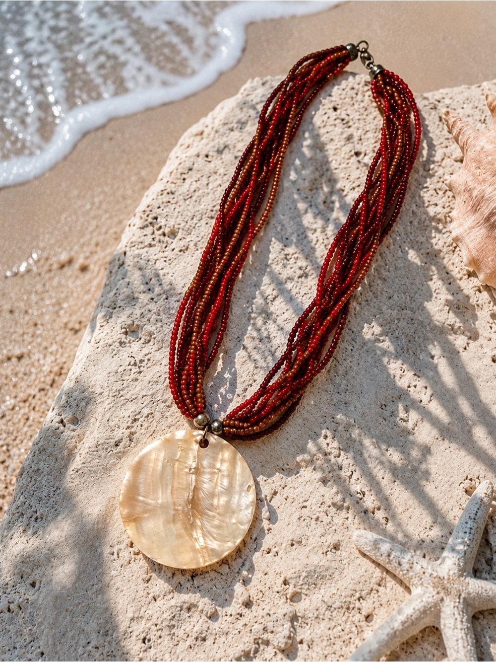 Y2K Beach Boho Multi-Strand Beaded Necklace with Mother of Pearl Shell Pendant